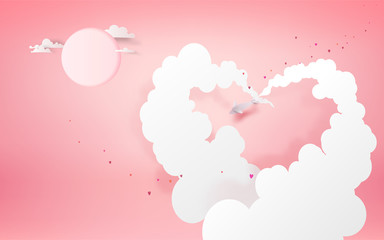 Paper art of white plane with cloud make a heart shape with space, origami and valentine's day concept, vector art and illustration