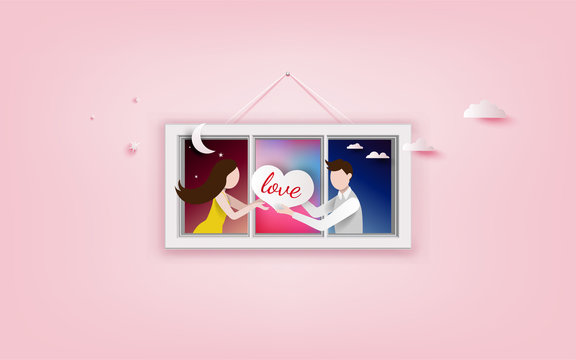 Social network concept Modern flat  design. Man giving his heart for woman in another place
