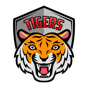 Mascot of orange white tiger's head on shield background