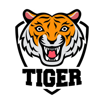 Mascot of orange white tiger's head on shield background