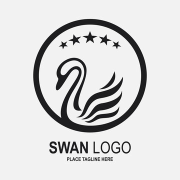 Swan icon design template. Black swan icon and star in round frame