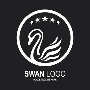 Swan icon design template. White swan icon and star in round frame