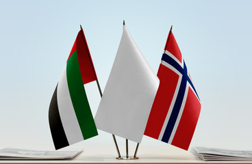 Flags of UAE and Norway with a white flag in the middle