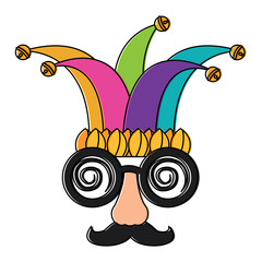 funny mask silly glasses mustache and jester hat fools celebration vector illustration