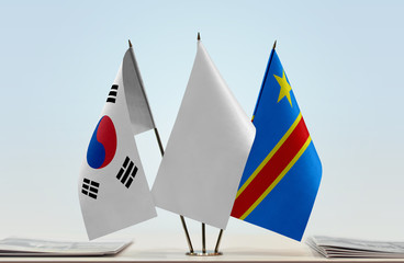 Flags of South Korea and Democratic Republic of the Congo (DRC, DROC, Congo-Kinshasa) with a white flag in the middle