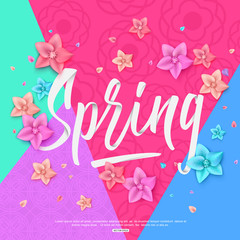 Colorful paper flowers and handwritten letters spring for design card, banner. Vector illustration
