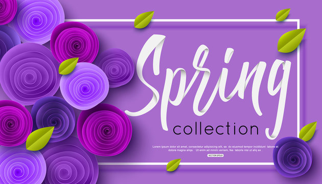 Spring fashion banner with handwritten calligraphy inscription and origami paper flowers for online shopping, sale poster. Vector illustration