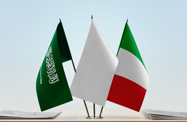 Flags of Saudi Arabia and Italy with a white flag in the middle