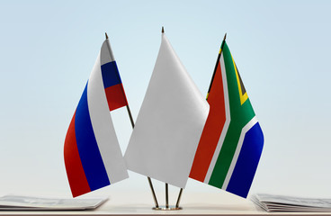 Flags of Russia and Republic of South Africa with a white flag in the middle
