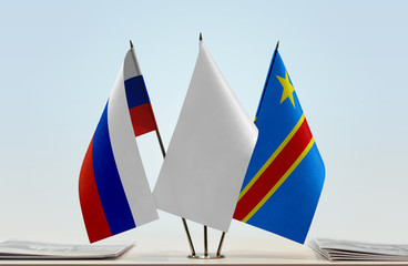 Flags of Russia and Democratic Republic of the Congo (DRC, DROC, Congo-Kinshasa) with a white flag...