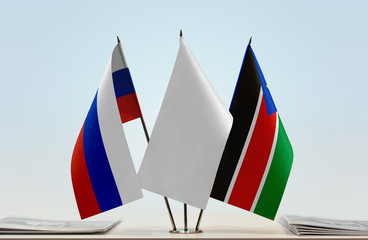 Flags of Russia and South Sudan with a white flag in the middle
