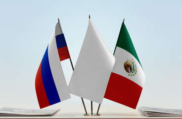 Flags of Russia and Mexico with a white flag in the middle