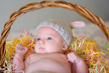 closeup of a newborn baby in a knit bunny ear hat