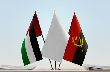 Flags of Palestine and Angola with a white flag in the middle