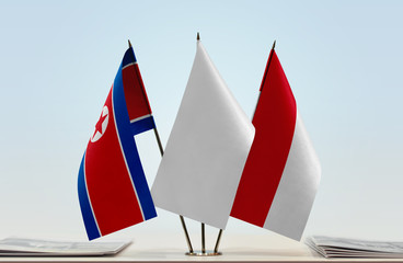 Flags of North Korea and Monaco with a white flag in the middle