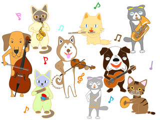Naklejka premium 犬と猫のコンサート。犬と猫が楽器を演奏している