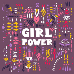 Vector hand drawn poster "Girl Power". Lettering inside tribal patterned frame.
