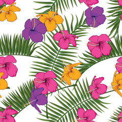 Seamless Vector Pattern of Summery Tropical flowers and leaves ideal for creating wallpapers, fabric patterns, clothing prints, labels, crafts and other projects
