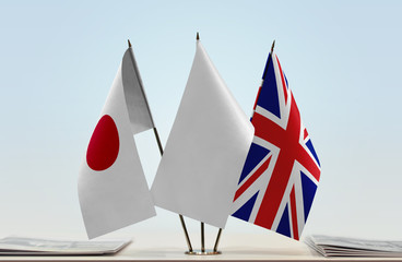 Flags of Japan and United Kingdom with a white flag in the middle
