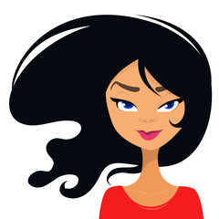 Cartoon girl face portrait with curly black haircut . Top-model girl face avatar. Vector illustration