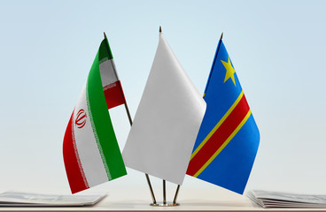 Flags of Iran and Democratic Republic of the Congo (DRC, DROC, Congo-Kinshasa) with a white flag in...
