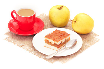 Sweet apple pie with fruits and coffee drink