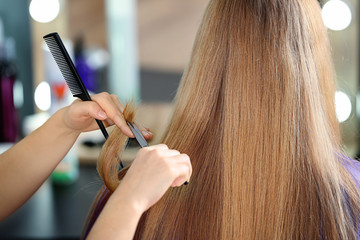 Professional hairdresser working with client in salon, closeup