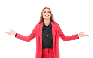 Happy young woman in elegant suit on white background