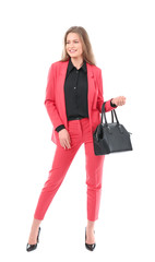 Beautiful young woman in elegant suit on white background