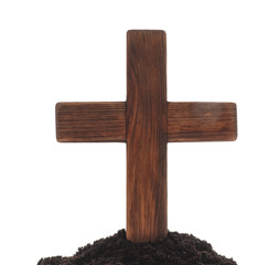 Wooden cemetery cross against white background