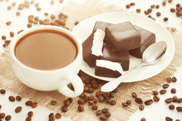 Coffee drink with chocolate candies milky souffle filling