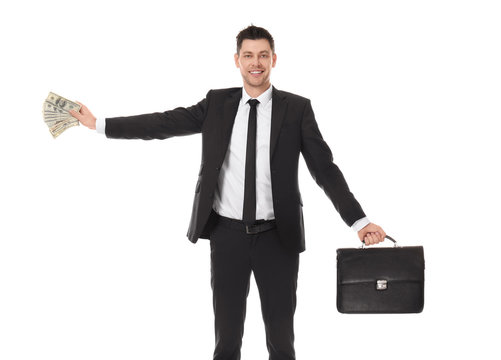 Businessman with briefcase and money on white background