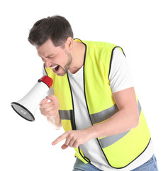 Worker with megaphone on white background