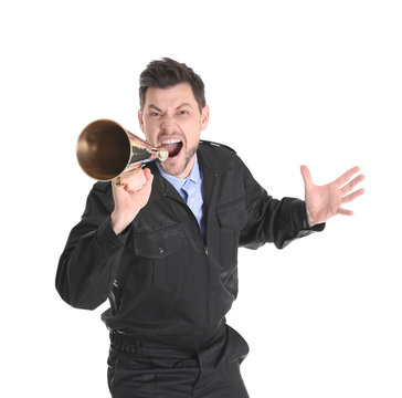 Male security guard with megaphone on white background