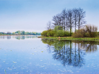  early spring, river and trees that are reflected in  water, tranquility and pacification, nature wakes up from a winter sleep