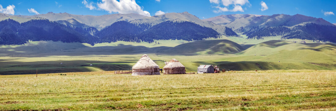 Yurts on the mountain plateau of Assy. Almaty region, Kazakhstan.