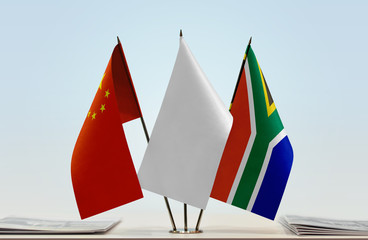 Flags of China and Republic of South Africa with a white flag in the middle