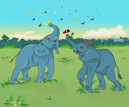 Elephants playing with butterflies outline