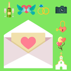 Wedding invitation celebration set flat anniversary romance decoration couple icons vector illustration