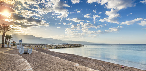 Morning on central public beach in Eilat - famous resort city in Israel