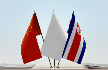 Flags of China and Costa Rica with a white flag in the middle