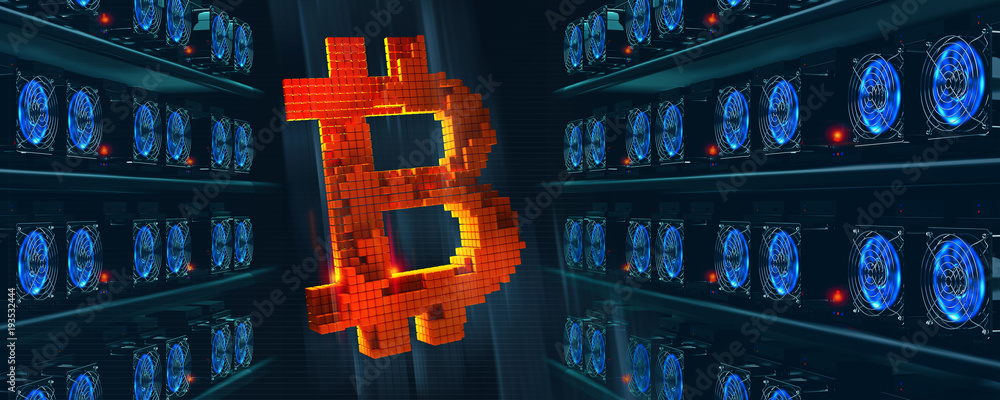 Aufkleber Bitcoin. Cryptocurrency mining farm. Blockchain technology. 3D illustration of abstract cyberspace