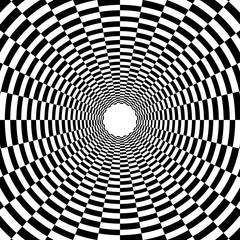psychedelic tunnel, chessboard pattern in black and white, trumpet, twisted spiral on white background