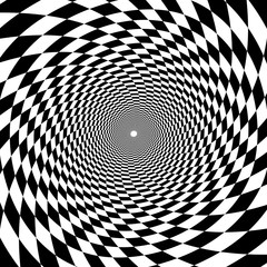 psychedelic tunnel, chessboard pattern in black and white, trumpet, twisted spiral on white background