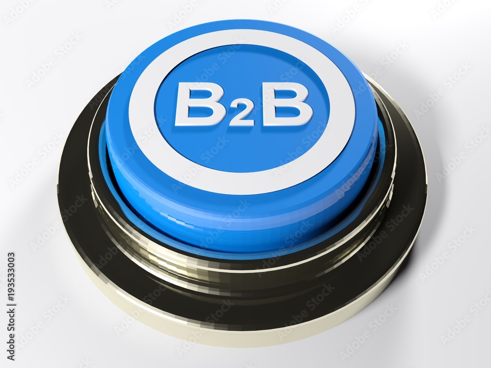 Poster b2b - business to business blue push button - 3d rendering