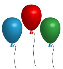 3d three bolloon. three multicolored balloons on white background. 3D balloons with color of blue, green and red. 3d Realistic helium balloons set.