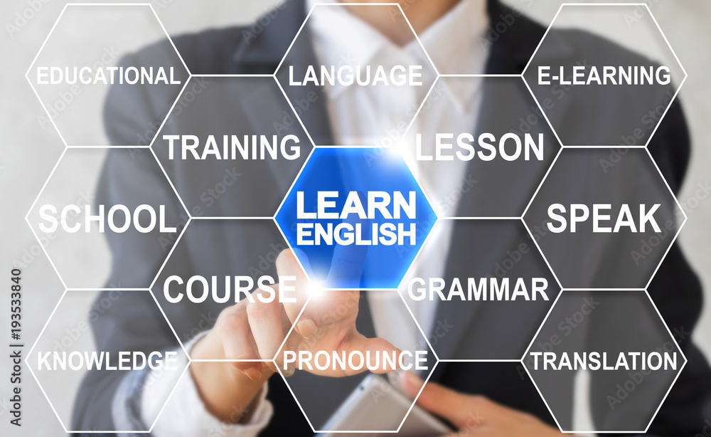 Poster businesswoman presses text button learn english on a virtual touchscreen. english education learning