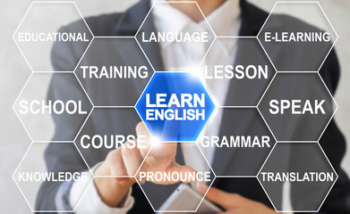 Businesswoman presses text button learn english on a virtual touchscreen. English Education...