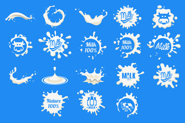 Collection of dairy and milk product logos, fresh natural food emblem design, milk splashes with text vector Illustrations - obrazy, fototapety, plakaty
