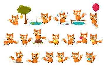 Cute fox cub character doing different activities set, funny forest animal in different situations vector Illustrations on a white background